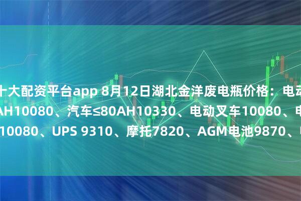 十大配资平台app 8月12日湖北金洋废电瓶价格：电动10160、汽车＞80AH10080、汽车≤80AH10330、电动叉车10080、电轿9720、牵引10080、UPS 9310、摩托7820、AGM电池9870、电子秤5680、EFB10330。（单位：元/吨）（含3%增值税）